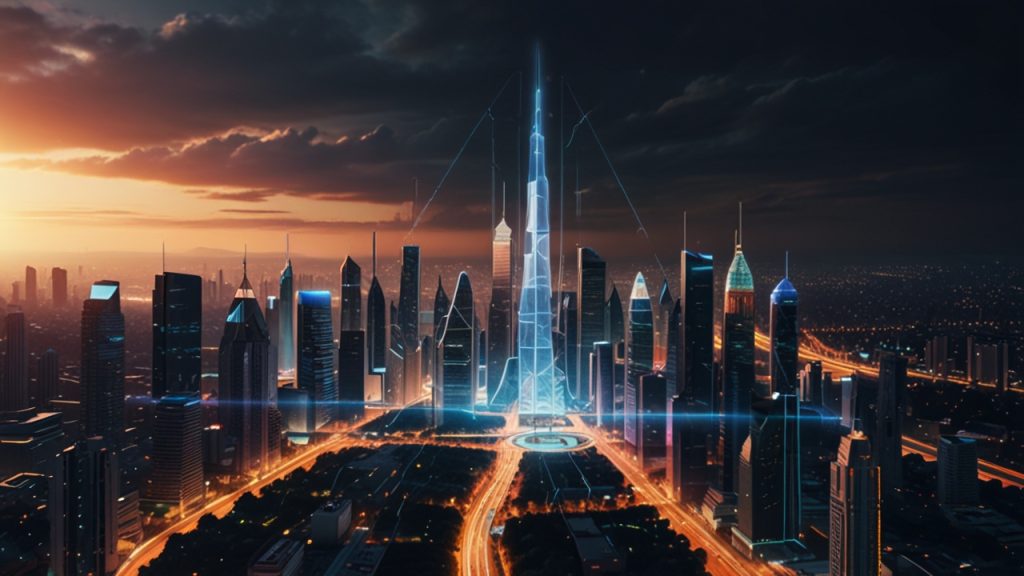 edificios futuristas con hologramas con calles iluminadas