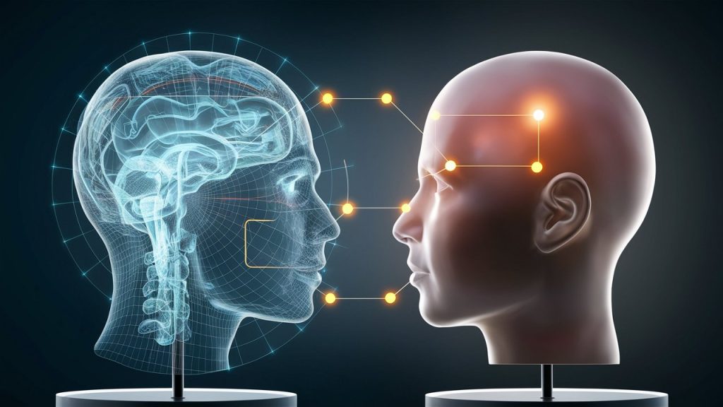 Cabeza humana y al aldo un gemelo digital identico