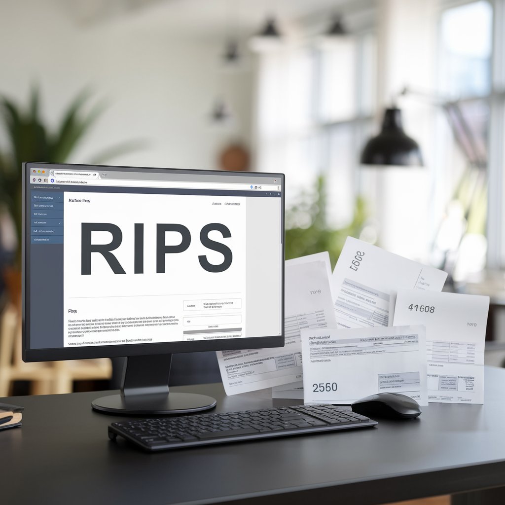 Escritorio negro con computador y docuemntos, en la pantalla plataforma de RIPS