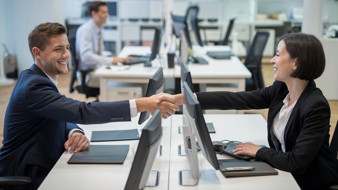 Dos personas estrechando sus manos en una oficina blanca de fondo escritorios