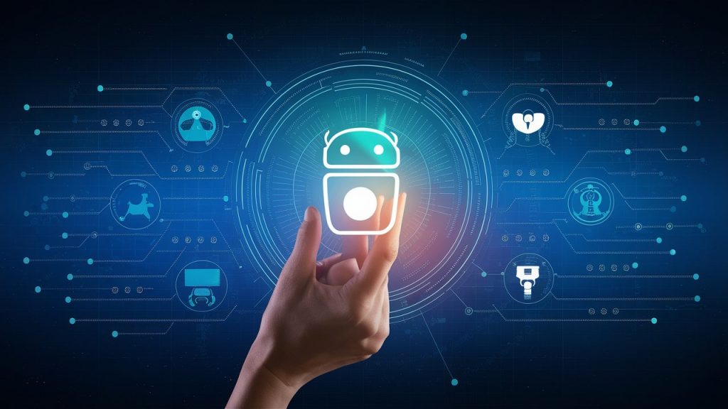 Una mano teniendo un logo de robot con fondo azul