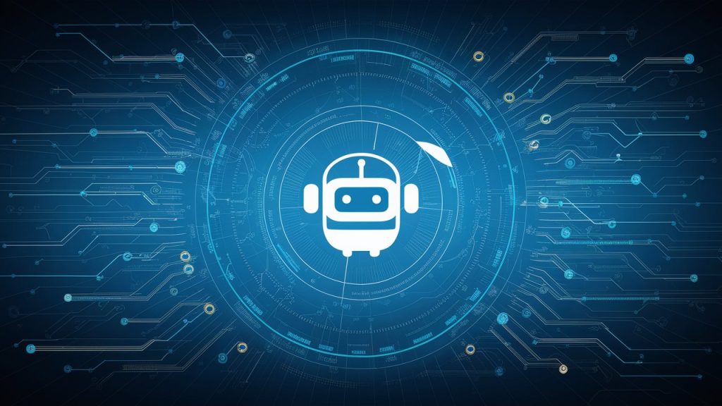 Logo de un robot con circuitos a su alrededor de fondo azul