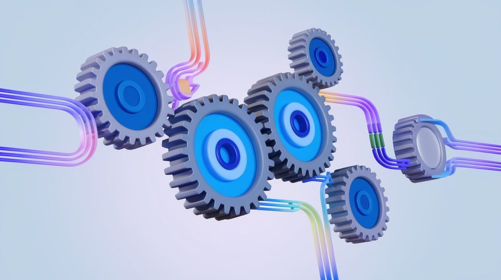 engranajes digitales y flujos de datos en colores modernos