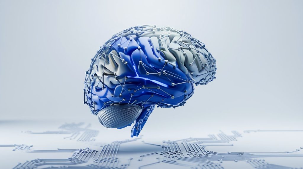 un cerebro digital flotante hecho de líneas de datos y nodos conectados en tonos de azul cobalto y gris
