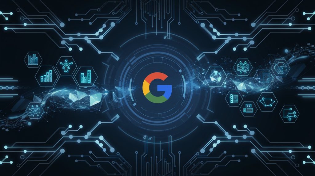 icono de google en fondo azul con ciurcuitos e iconos en hologramas