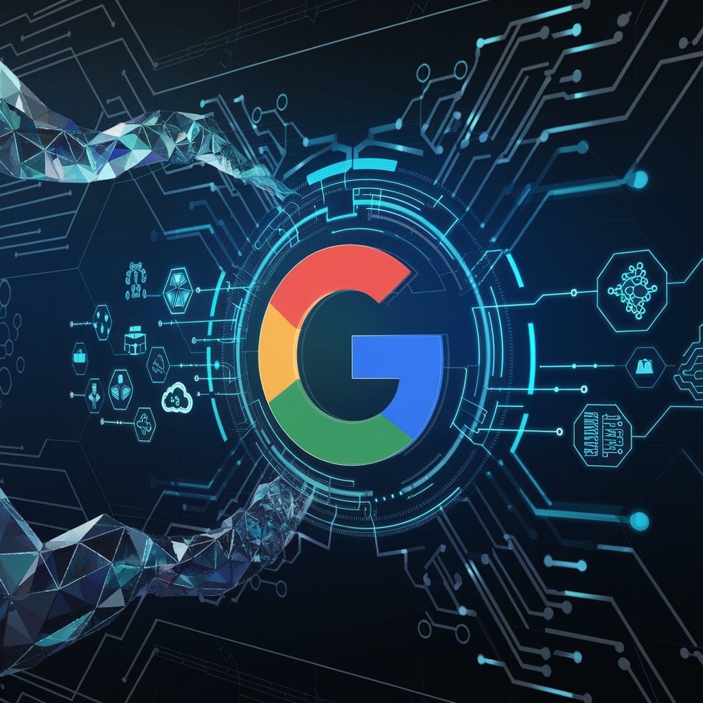 icono de google con circuitos y conexiones a iconos futuristas