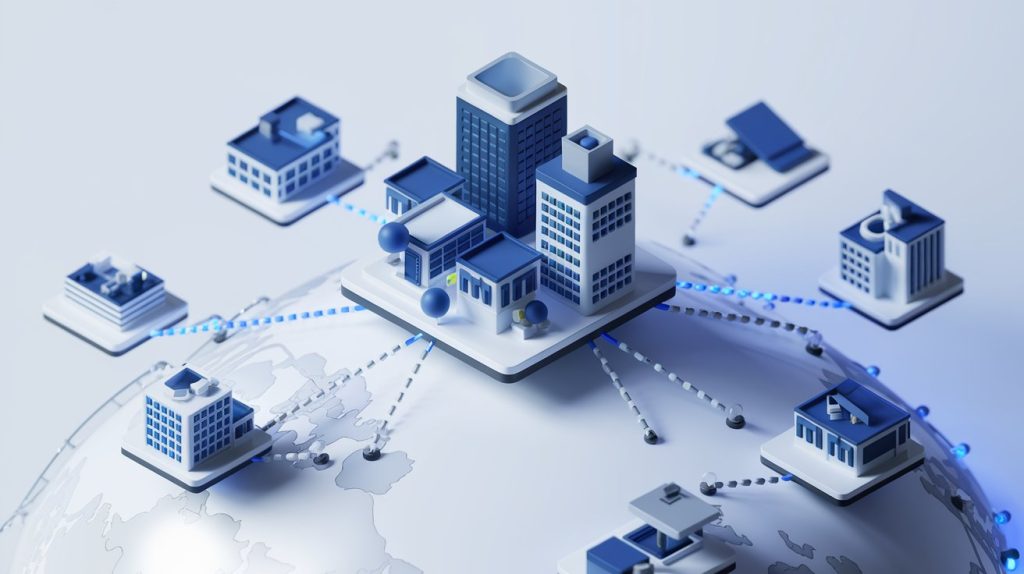 edificios y oficinas en miniatura flotando, cada uno conectado mediante finas líneas de datos